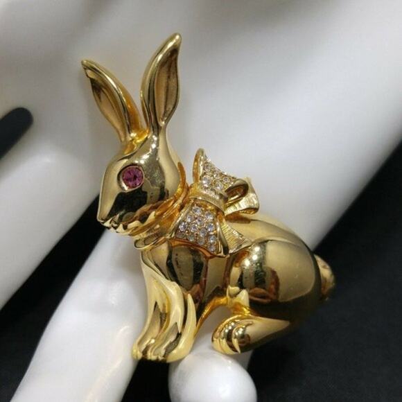 Swarovski Swan Logo Rabbit Brooch Pin, Pink Crystal Eye, Clear Rhinestone Collar - Picture 5 of 9